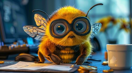 A whimsical 3D illustration of a cartoon bee with large glasses standing on an open newspaper. The image captures the bee's fuzzy texture and detailed wings in a sunlit setting.