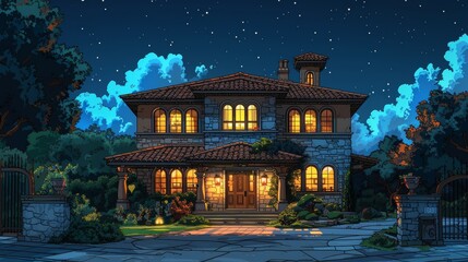 A beautifully detailed illustration of an elegant stone villa illuminated by warm interior lights, situated under a starry night sky amidst lush greenery and a closed gate.