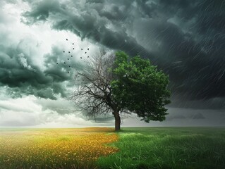 A lone tree with half lush leaves and half bare branches under stormy skies, split image showing impact of changing climates - obrazy, fototapety, plakaty
