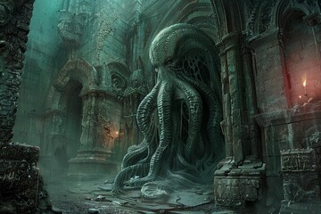 An ancient Cthulhu in a forgotten temple, hyperdetailed stonework and eerie torchlight illuminating its grotesque form, immersive atmosphere - obrazy, fototapety, plakaty