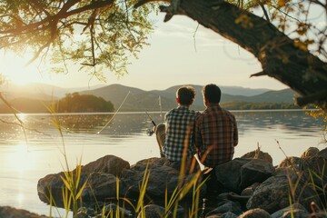 Heartwarming scene of a father and son sitting together on rocks by a lake holding fishing rods, enjoying nature