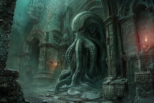 An ancient Cthulhu in a forgotten temple, hyperdetailed stonework and eerie torchlight illuminating its grotesque form, immersive atmosphere
