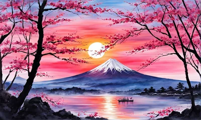 Poster Mount Fuji range with red tree in foreground. For meditation apps, on covers of books about spiritual growth, in designs for yoga studios, spa salons, illustration for articles on inner peace, print. © Anzelika