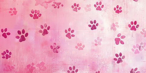 Pink footprints background in minimalist style and delicate caricature of animal footprints. - obrazy, fototapety, plakaty