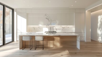 Fototapeta na wymiar A sleek and modern kitchen design featuring a white marble island, wooden stools, and ample natural light