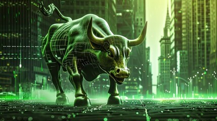 Bull Market Surge: Strength in the Financial District - A formidable bull stands against the backdrop of a glowing financial district, symbolizing market strength.