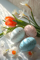 Easter, Spring flowers and colorful eggs in the bright sun