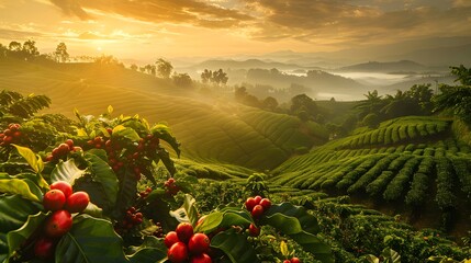 Sunrise Over Lush Coffee Plantation Hills. Generative AI