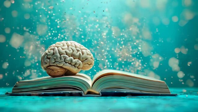 brain and open book on wood table and green background, education concept