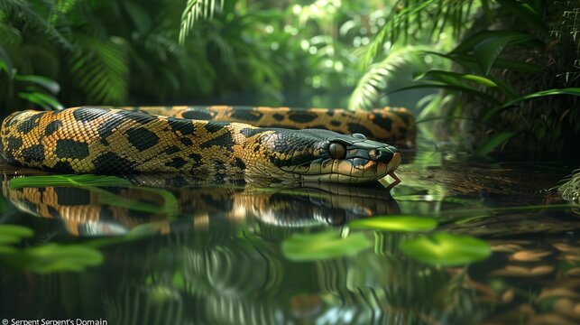  An anaconda gracefully coils around a massive tree trunk in the heart of a lush, vibrant jungle-4