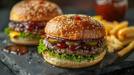 Classic Burgers Reimagined: Minimalist Style Meets American Comfort Food. Concept Burger Trends, Gourmet Flavors, Modern Classics, Unique Ingredients, Food Fusion