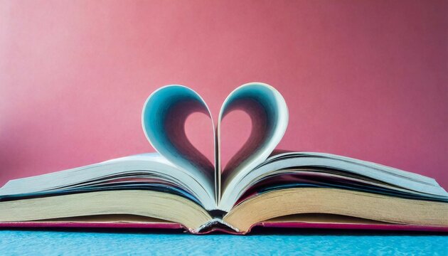 love story Books Forming Heart Shape on Pink Background. colorful hardcover books forming a heart shape, symbolizing love for reading on a vibrant pink backdrop