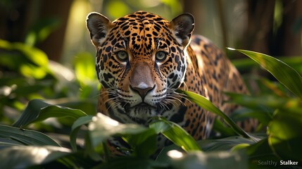  A jaguar prowls through the dense underbrush, its sleek form barely visible in the dappled sunlight filtering through the canopy-1
