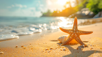 Starfish lying on Sandy Beach Near Ocean. Generative AI