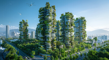 A modern city of the future with skyscrapers covered with green gardens and flying cars