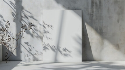 Vivid Canvas of Elegance: A Striking White Vertical Rectangle Mockup Basking in Soft Hawthorn Leaves Shadows on Neutral Light Grey Concrete Wall Background
