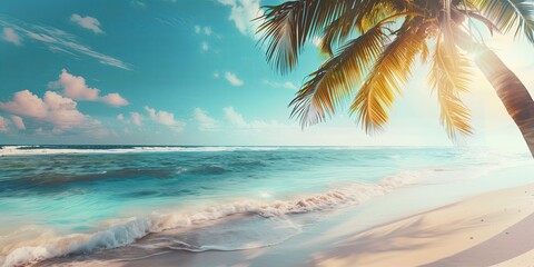 Fototapeta premium Sunny tropical beach with coconut trees, palm leaves against the backdrop of the sea. Summer theme. vacation concept