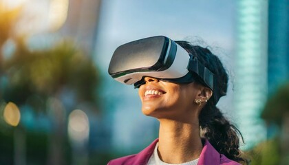 Metaverse digital Avatar, Metaverse Presence, digital technology, cyber world, virtual reality, futuristic lifestyle. Woman in VR glasses playing AR augmented reality NFT game with neon blur