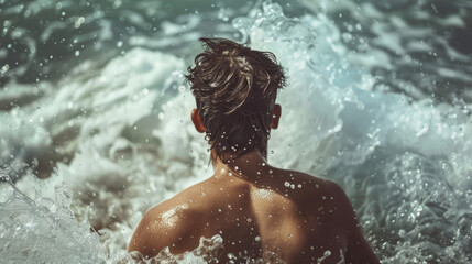 Athletic man, bathing in sea waves