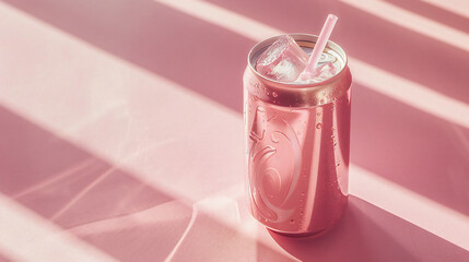 A Bubbly Pink Delight: A Vibrant Can of Refreshing Drink, Accompanied by Paper Straws and Ice Cubes for the Perfect Summer Sip - obrazy, fototapety, plakaty