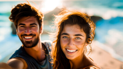 Happy couple taking a selfie on the beach at sunset, enjoying their vacation together and smiling brightly.