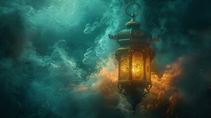 A captivating image of a glowing Arabic lantern suspended among ethereal clouds, radiating a warm, inviting light against a dramatic, moody sky. - obrazy, fototapety, plakaty