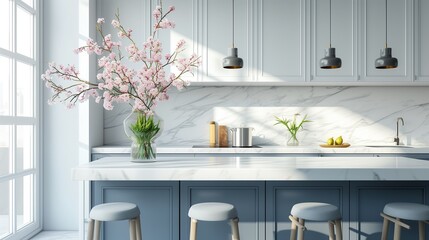 Kitchen in scandinavian style with island table, blue furniture and modern kitchenware. Bright interior with white walls and floor. Vase with flowers on marble countertop