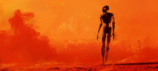 A humanoid robot standing in the desert, with dust swirling around it as orange light illuminates its metallic body and glowing eyes