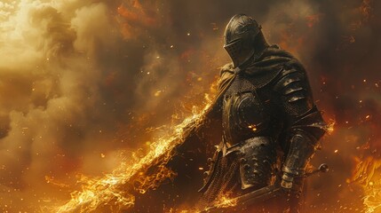 An imposing medieval knight clad in elemental armor stands amidst a dramatic backdrop of roaring flames and swirling embers, evoking a somber yet powerful mood.