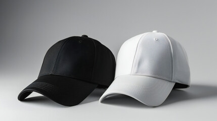 Stylish White & Black Baseball Caps: Sophisticated Mockup on Grey Background Showcasing Front View