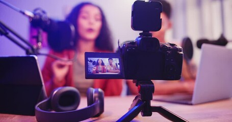Influencer, content creation or streamer couple on camera screen for podcast, welcome or channel intro. Filming, social networking or people at home for online audience, conversation or digital chat