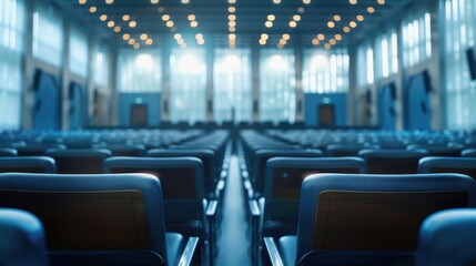 Empty conference hall or seminar room building with many seats. AI generated image