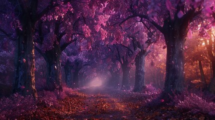 A mystical forest bathed in purple hues features towering trees with radiant leaves, light mist enhancing the magical ambiance, and a path strewn with fallen leaves. - obrazy, fototapety, plakaty