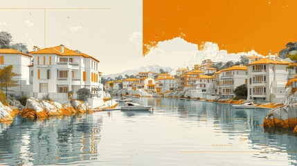 A tranquil scene of a modern coastal neighborhood featuring white houses with orange roofs, a calm sea, and boats nestled by the shore under a clear sky. - obrazy, fototapety, plakaty