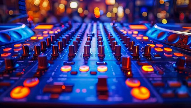 Professional audio mixing console in nightclub. Close up of sound equipment