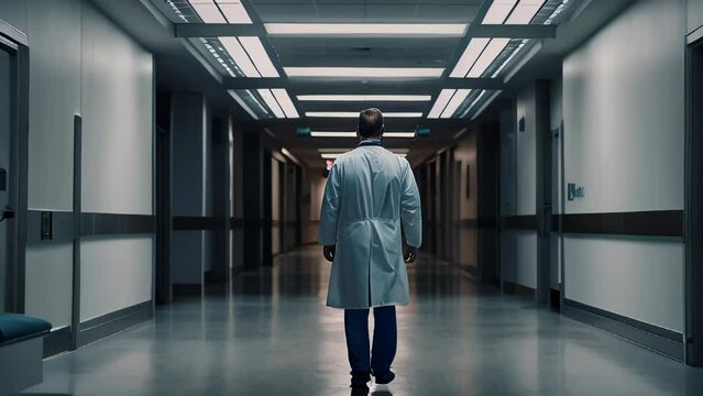 Doctor medical worker stands in the corridor in the hospital medical facility view from the back