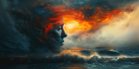 Emotional Climate: Conceptual Portrait of Mental Health and Weather Sensitivity. - obrazy, fototapety, plakaty