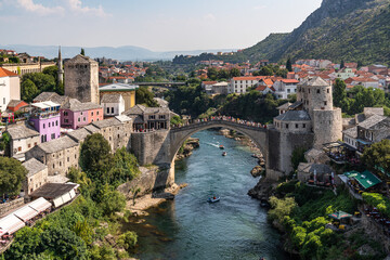 Fototapeta na wymiar Neretva River Running Through Mostar, with the Old Bridge (Stari Most), Bosnia and Herzegovina