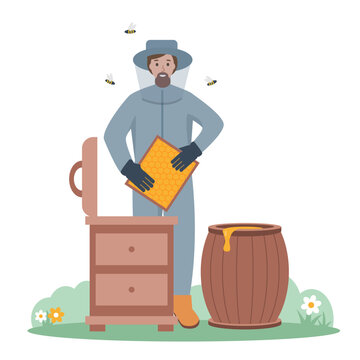 Beekeeper in protection suit with honeycomb extracting honey from beehive. Male character Farmer man with bees isolated on white background. Farming concept Vector illustration.