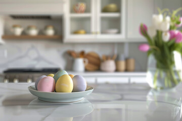 a plate with Easter eggs stands against the background of a white kitchen.