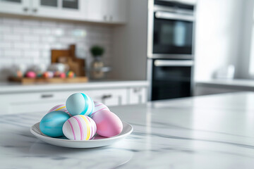 a plate with Easter eggs stands against the background of a white kitchen.