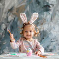 A two-year-old girl in bunny ears draws Easter eggs. happy Easter