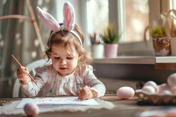 A two-year-old girl in bunny ears draws Easter eggs. happy Easter