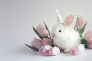 A white little rabbit on a background of tulip flowers sits on a white background.