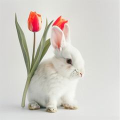 A white little rabbit on a background of tulip flowers sits on a white background.