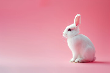A white little rabbit sits on a pink background, copying the space