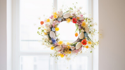 an Easter wreath will visit on a white wall in a Scandinavian style room.