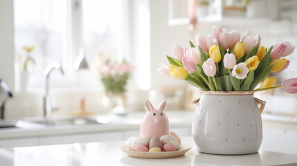 An iron pot with Easter eggs, flowers and rabbits on the table.In the background is a white Scandinavian-style kitchen.
