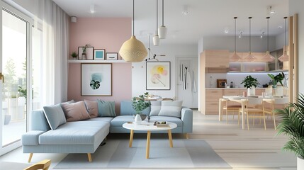 Light and modern living room in pastel colours
