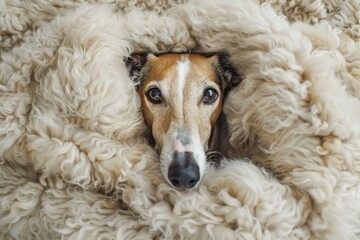 Naklejka premium A Whippet dog lies on a fluffy light carpet in a bright room. Warm lighting. Only the head comes out from under the blanket